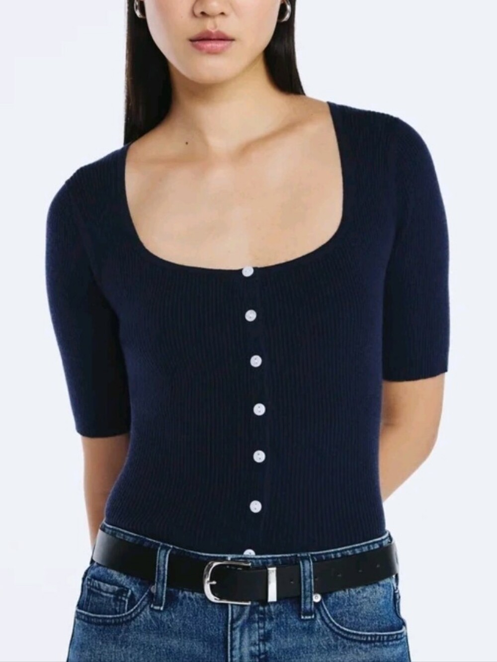 Scoop Women's Square Neckline Cardigan Sweater with Short Sleeves, Size Small